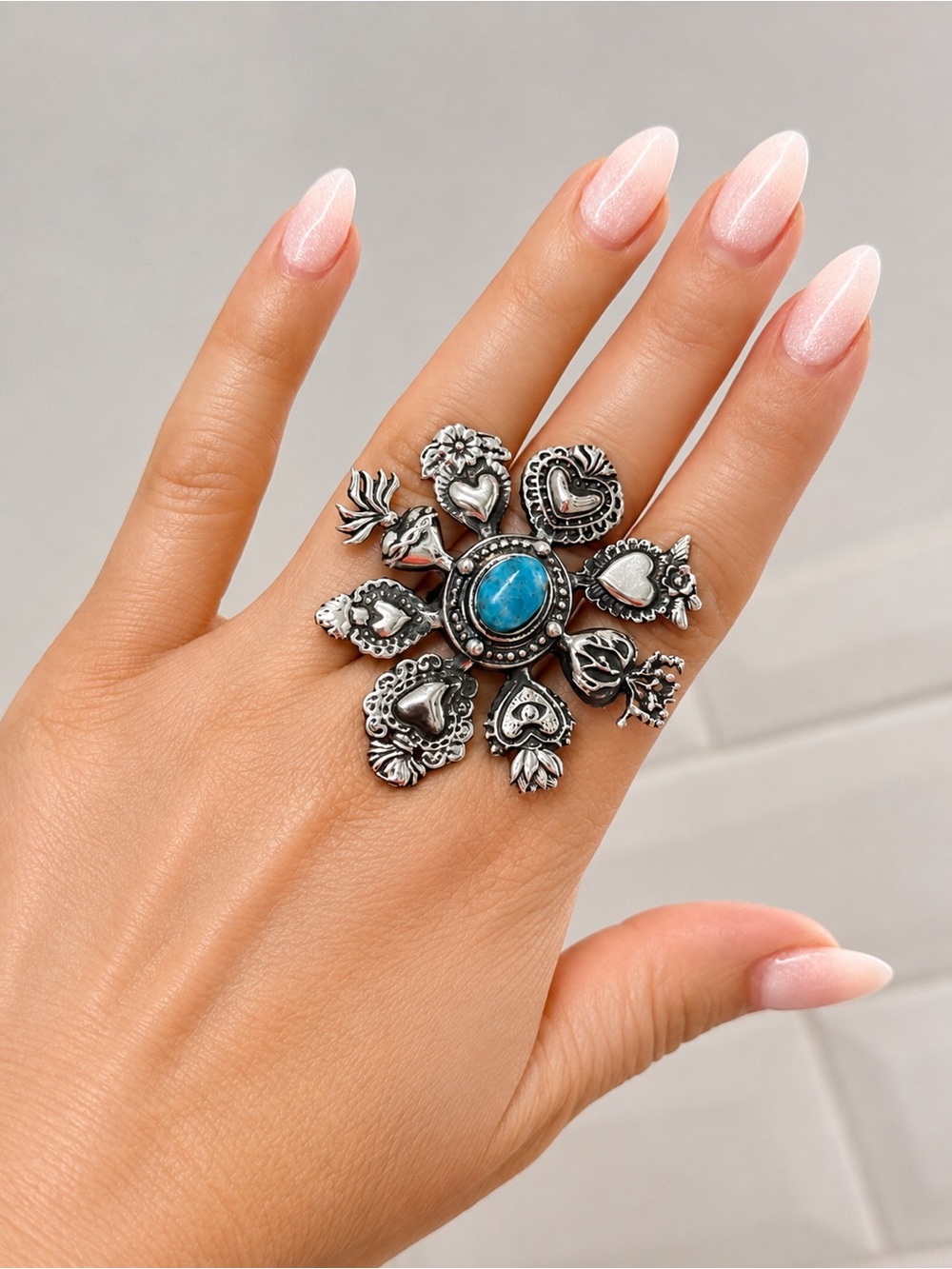 925 Sterling Silver Turquoise Heart Statement Ring - Blue
